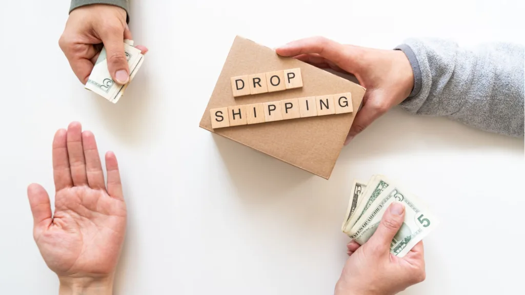 Text overlay on a white background reads "DROP SHIPPING" in large black font, with the number "5" below it in a smaller, red font.